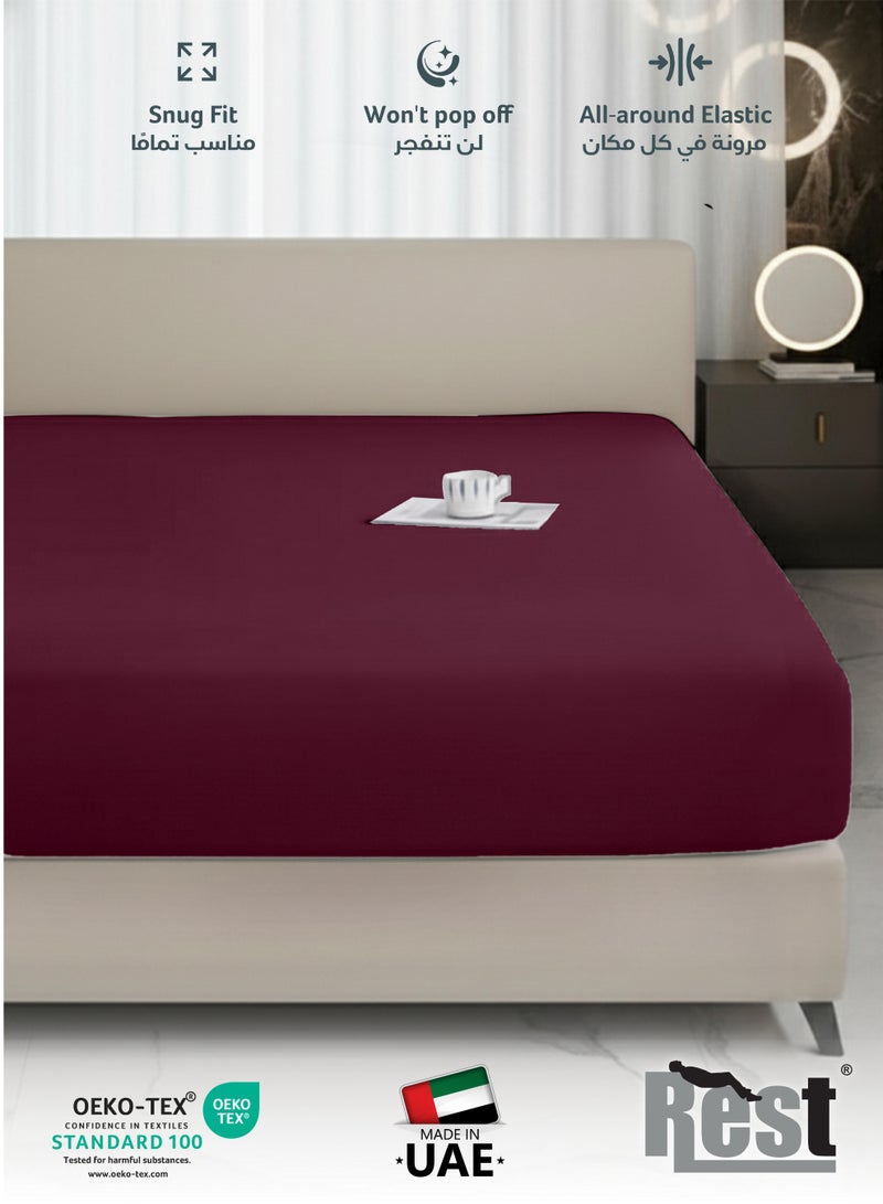 REST Fitted Bedsheet 90x190+20cm Breathable Plush Burgundy Fabric with Deep Pockets Machine Washable for Optimal Protection - Image 3